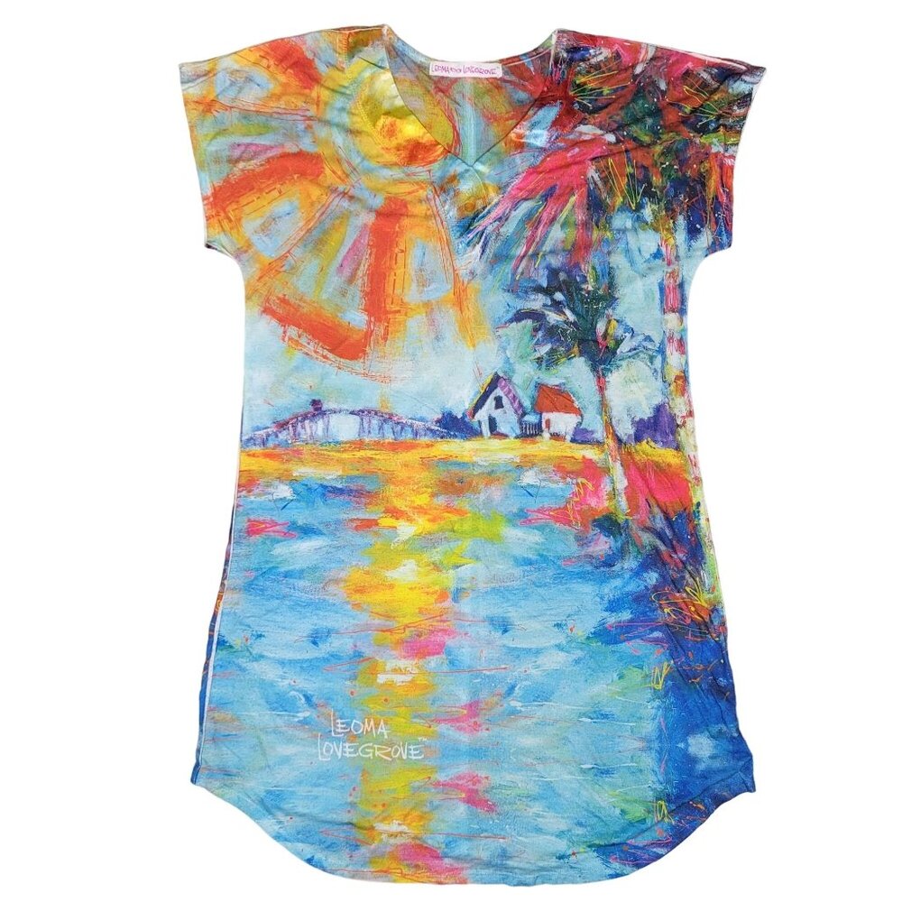 Leoma Lovegrove V-Neck Art Tunic Dress colorfull Beach Scene Women's M tropical